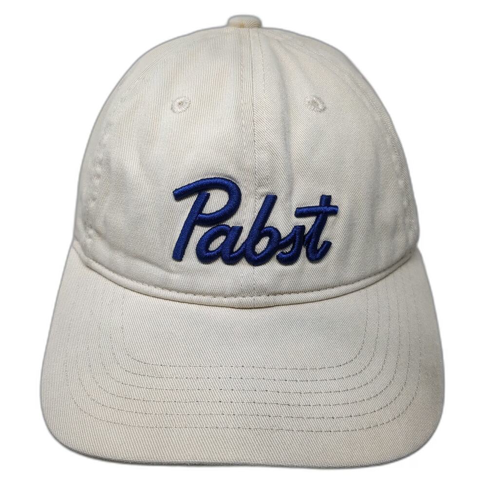 Pabst Script Logo Hat Beige Blue Baseball Cap One Size Slideback Cotton 6 Panel
